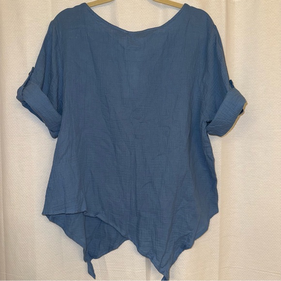 Blue half sleeve or button up sleeve asymmetric hemline top, boho, casual, comfy - Picture 7 of 9